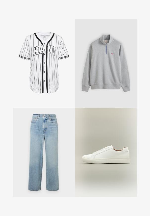 Hellgraues Levi's Sweatshirt mit Viertel-Reißverschluss, gerippten Bündchen und Saum, mit kleinem rotem Levi's-Logo auf der linken Brust.; Weißes Baseball-Trikot mit kurzen Ärmeln und schwarzen Streifen, mit einer Knopfleiste vorne und dem Wort "KANI" deutlich in schwarzen Buchstaben dargestellt.; Helle blaue, gerade geschnittene Denim-Jeans mit hoher Taille, fünf Taschen und dezenten Verwaschungen. Rohem Saum und kontrastierenden Nähten.; Weißer Sneaker mit niedrigem Schaft, Schnürverschluss und flacher Sohle, seitlich auf neutralem Hintergrund gezeigt.