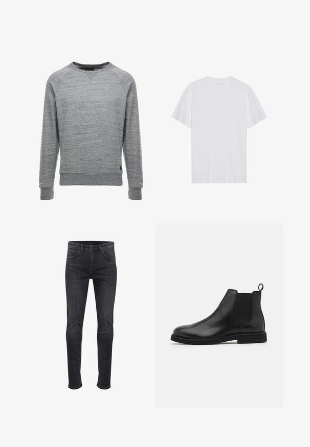Grijze sweatshirt van zachte stof met een gestructureerde afwerking, met een ronde halslijn, lange mouwen en ribgebreide manchetten en zoom.; Witte katoenen T-shirt met korte mouwen, een ronde hals en een gladde textuur. Heeft minimale branding op de halslijn.; Skinny-fit jeans in donkergrijs denim, met zij- en achterzakken, een knoopsluiting aan de voorkant en subtiele vervagingdetails.; Zwarte leren Chelsea boots met elastische zijpanelen en een trekband. Ronde neus en platte rubberen zool, met een gladde afwerking.
