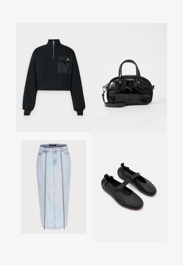 Čierna skrátená mikina s dlhými rukávmi, rebrovanými manžetami, golierom na polovičný zips a veľkou klopovou vreckom s bielym logom Jumpman na hrudi.; Svetlomodrá džínová sukňa so priliehavým strihom, ktorá má dva predné zipsové vrecká, detaily stredu švu a dĺžku po stred lýtok.; Pár čiernych kožených topánok štýlu Mary Jane s elastickým zadkom a suchým zipsom, s jemným logom Puma na každom prste.; Čierna lakovaná kožená kabelka s dvojitými vrchnými uchami, odnímateľným ramenným popruhom, zaobleným tvarom a výrazným embosovaným logom "PUMA".