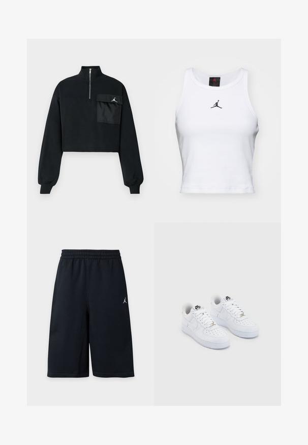 Sweatshirt noir cropped avec manches longues, poignets côtelés, col à demi-zip et une grande poche rabat avec le logo Jumpman blanc sur la poitrine.; Débardeur court blanc en coton avec une texture côtelée. Présente un logo Jordan noir au centre et une encolure ras du cou classique.; Shorts de sport noirs longueur genou avec ceinture élastique et petit logo Jumpman blanc sur la jambe gauche sur fond uni.; Baskets Nike Air Force 1 blanches avec une tige en cuir lisse, un embout perforé, des lacets blancs et un logo noir sur la languette.
