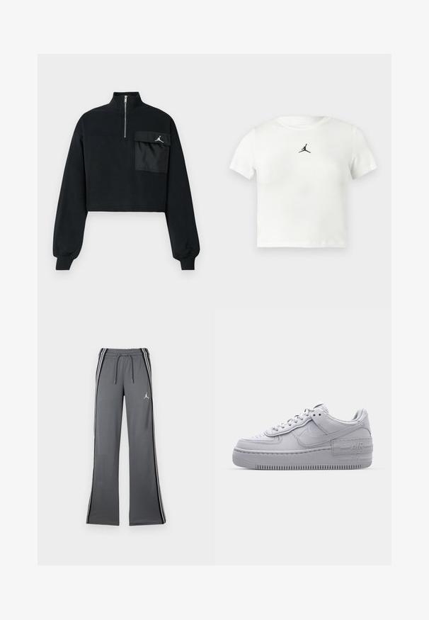 Čierna skrátená mikina s dlhými rukávmi, rebrovanými manžetami, golierom na polovičný zips a veľkou klopovou vreckom s bielym logom Jumpman na hrudi.; Biely bavlnený cropped tričko s čiernym logom Jumpman na prednej strane. Krátke rukávy a okrúhly výstrih s hladkou textúrou.; Sivé teplákové nohavice s elastickým pásom na šnúrku, bočnými pruhmi a malým logom. Vyrobené z jemného materiálu, s širokým strihom a hladkou textúrou.; Šedé tenisky Nike Air Force 1 s perforovanou špičkou, hladkým koženým zvrškom, hrubou podrážkou a embosovaným detailom 'AIR' na päte.