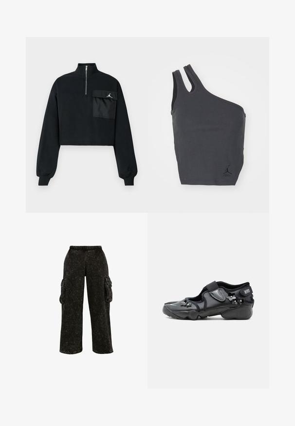 Čierna skrátená mikina s dlhými rukávmi, rebrovanými manžetami, golierom na polovičný zips a veľkou klopovou vreckom s bielym logom Jumpman na hrudi.; Čierny rebrovaný tielko s jedinečným asymetrickým dizajnom, so širokým ramienkom na jednej strane a úzkym na druhej, obsahuje malú pôvodnú značku na spodnom okraji.; Čierne cargo nohavice s textúrovaným povrchom, elastickým pásom a bočnými vreckami. Vynikajú široké nohavice a voľný strih.; Čierna Nike Air obuv s suchým zipsom, zdobená malými čiernymi kvetinovými ozdobami na boku a vpredu.