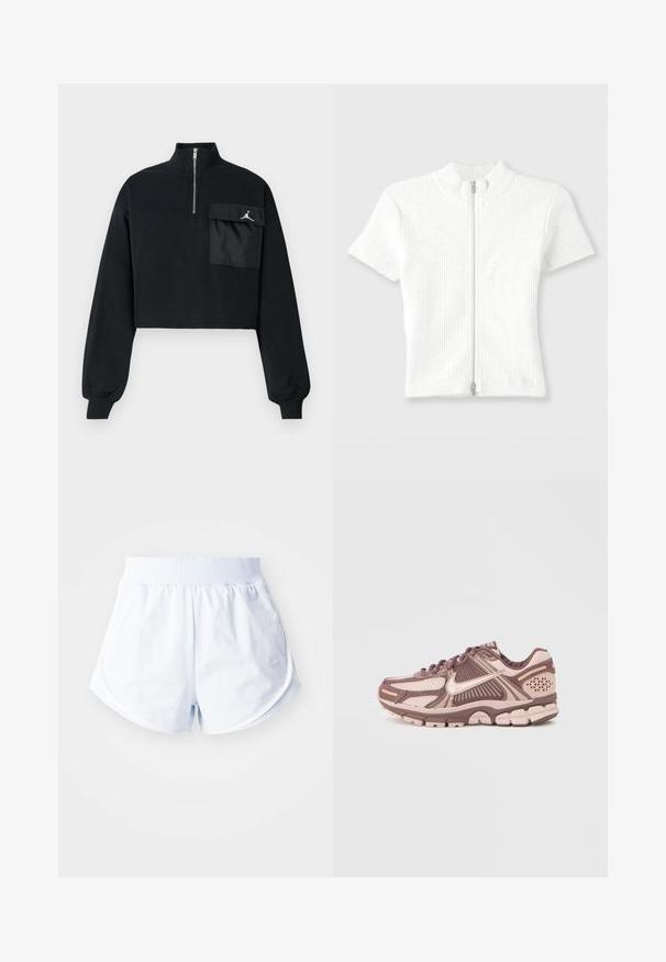 Mustan lyhyen croppatun hupparin, jossa on pitkät hihat, ribbireunat, puolivetoketjukaulus ja suuri läpän tasku, jossa on valkoinen Jumpman-logo rinnassa.; Istuin valkoinen ribattu neulepusero, jossa on lyhyet hihat, korkea kaulus ja edessä vetoketju. Ominaisuuksiin kuuluu hienovarainen rakenne ja siisti viimeistely.; Vaaleansiniset urheilushortsit, joissa on ribbireunus vyötäröllä, kaareva helma ja valkoiset sivuvaatteet. Valmistettu pehmeästä ja kevyestä materiaalista.; Kevyet juoksukengät, joissa on verkkomainen päällinen vaaleanpunaisissa ja ruskeissa sävyissä, teksturoiduilla yksityiskohdilla ja pehmustetulla pohjarakenteella.