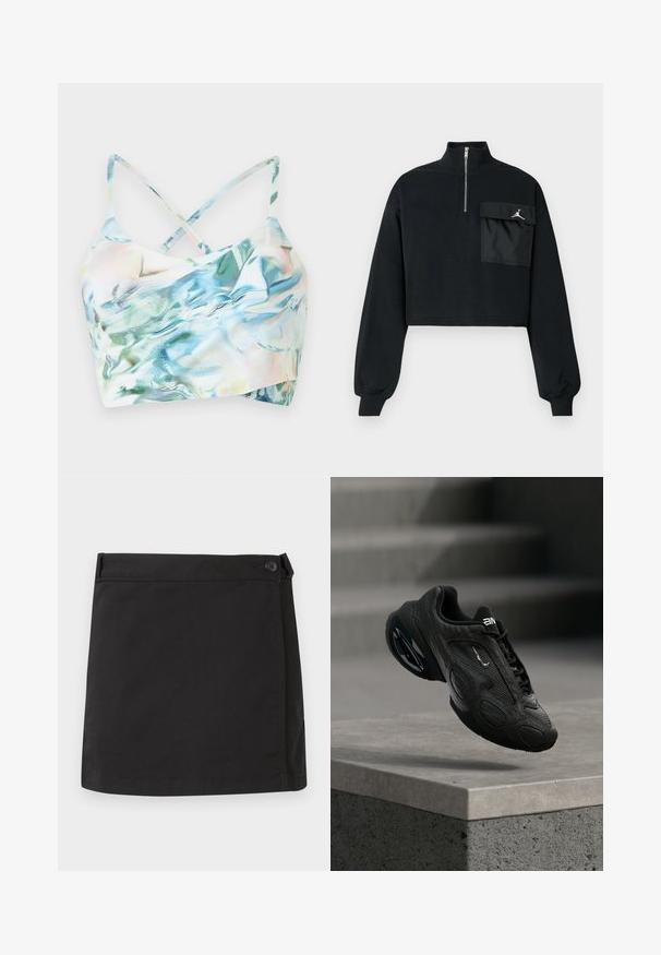Čierna skrátená mikina s dlhými rukávmi, rebrovanými manžetami, golierom na polovičný zips a veľkou klopovou vreckom s bielym logom Jumpman na hrudi.; Predný pohľad na skrátený bikiny top v mnohofarebnom, iridiscentnom materiáli s prekríženými ramienkami, ktorý má vlnitý vzor v odtieňoch modrej a zelenej.; Čierna bavlnená mini sukňa s bočným zapínaním na gombíky a rovným lemom, zobrazená položene na bielom pozadí.; Čierna športová obuv s textúrovaným koženým zvrškom, výrazným logom a polstrovanou podrážkou. Obsahuje abstraktné vzory a hladké, zaoblené doplnky.