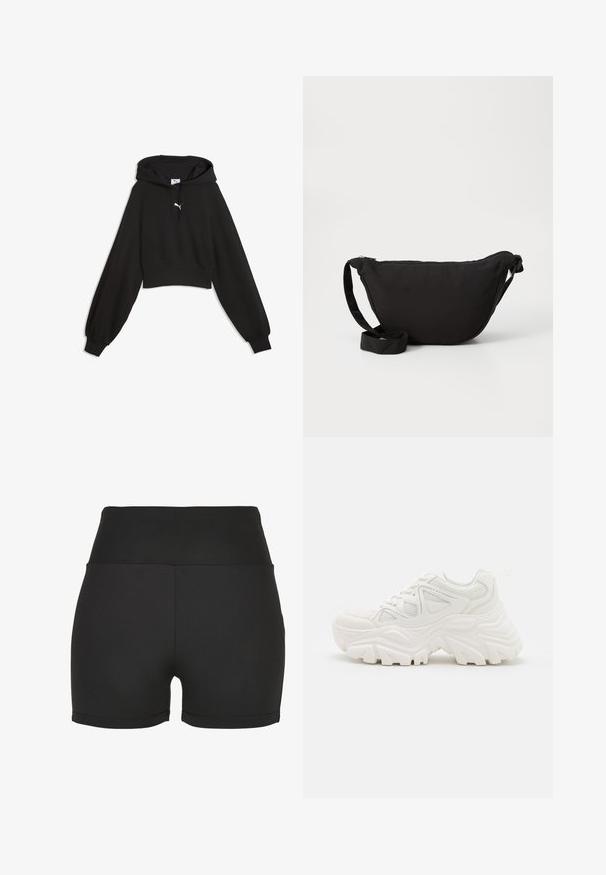 Schwarzer cropped Hoodie mit langen Ballonärmeln, Kordelzugkapuze, gerippten Bündchen und Saum, mit kleinem weißem Puma-Logo auf der Brust.; Schwarze, hoch taillierte Sportshorts aus glattem, dehnbarem Material. Mit glatten Nähten und einem figurbetonten Design, ideal für Sportbekleidung.; Weiße klobige Sneakers mit strukturiertem Obermaterial, Mesh-Einsätzen und dicken Gummisohlen mit markantem Profil. Inklusive Schnürsenkeln und Zuglasche.; Schwarze Hobo-Tasche aus weichem Stoff, mit einer geschwungenen Form, einem Reißverschluss und einem breiten, verstellbaren Tragegurt. Glatte Textur ohne Muster.