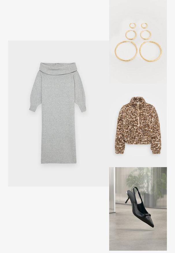 Fuskepels pullover i brune og beige mønstre, med høj krave, kvart lynlås og elastiske manchetter for en tætsiddende pasform.; Grå strikket sweaterkjole med en bred off-shoulder krave, ribbede manchetter og en lige silhuet. Blød tekstur og mellemlang design.; Sort tekstureret læder slingback højhælet sko med spids tå og lille dekorativ spænde, svævende over en glat gulv.; Guld hoop øreringe i forskellige størrelser, med en glat, poleret overflade og rund form, samt et sikkert låse-design.