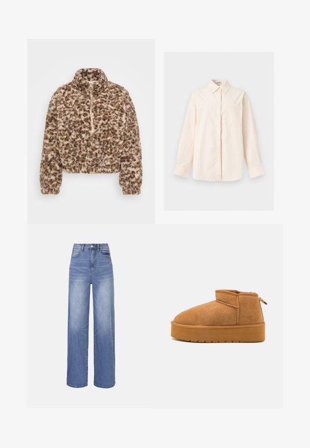 Pull-over en fausse fourrure aux motifs marron et beige, doté d'un col montant, d'une fermeture éclair d'un quart et de poignets élastiqués pour un ajustement confortable.; Chemise crème à manches longues avec fines rayures verticales beige, col pointu, poche poitrine avant et patte de boutonnage cachée.; Jean denim bleu clair à jambes larges avec taille haute, fermeture par bouton et poches avant. Présente un effet délavé et un léger effet froissé.; Bottines en nubuck marron avec un bout arrondi, une conception basse et une semelle en caoutchouc texturée comportant une légère plateforme et une languette.