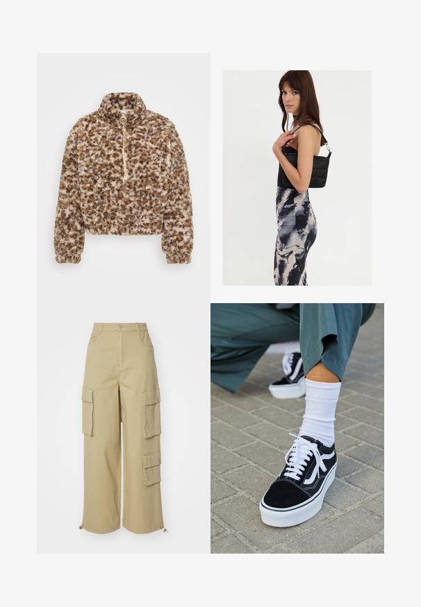 Pruunide ja beežide mustritega kunstkarusnahast pullover, millel on kõrge krae, veerandlukuga tõmblukk ja elastsed varrukaotsad tiheda istuvuse tagamiseks.; Bežid cargo püksid, millel on laiad sääred, kaks suurt küljetaskut, ees olevad taskud ja nöördetail alläärel. Puuvilla segu kangas.; Mustjad sametist tennisjalanõud valgete aktsentide ja nööridega, millel on paks valge tald ja kontrastsed õmblused, koos valge sokiga.; Mustast tepitud õlakotist, millel on üks rihm ja hõbedane riistvara, koos mustri ja koorevärvi triibulise kleidiga, mis on kehakujuline.
