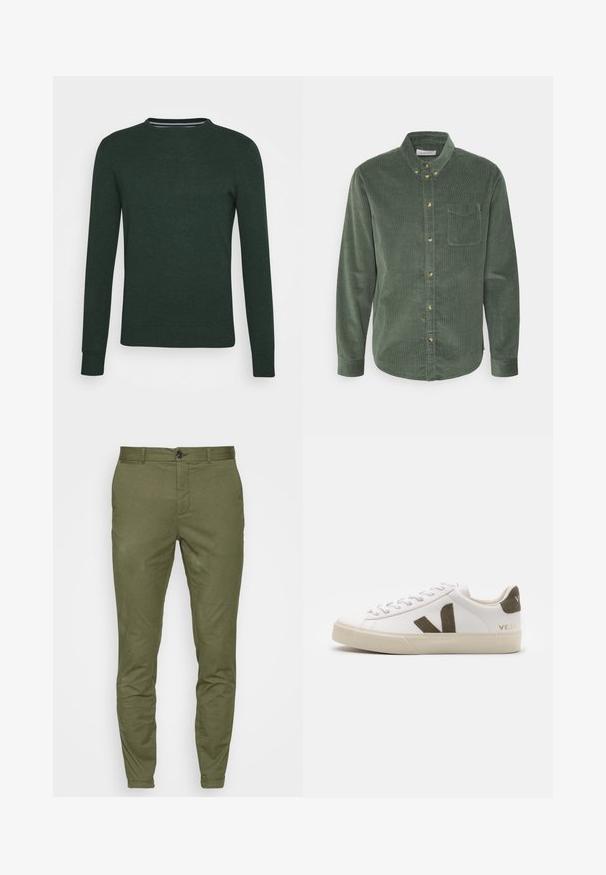Donkergroene gebreide trui met ronde hals, lange mouwen, en ribgebreide manchetten en onderrand. Het heeft een gladde textuur zonder zichtbare patronen of accenten.; Groene corduroy button-up shirt met lange mouwen, kraag, voorzak en gouden knopen. Heeft een gestructureerde stof en een gebogen zoom.; Olijfgroene chino's met een slim-fit ontwerp, voorzien van een voorste knoopsluiting, ceintuurlussen en een gladde, middelzware stoftextuur.; Witte leren sneakers met een lichtbeige rubberen zool. Voorzien van een bruine suède V-logo en hieltab. Gespsluiting met een gestructureerd oppervlak.