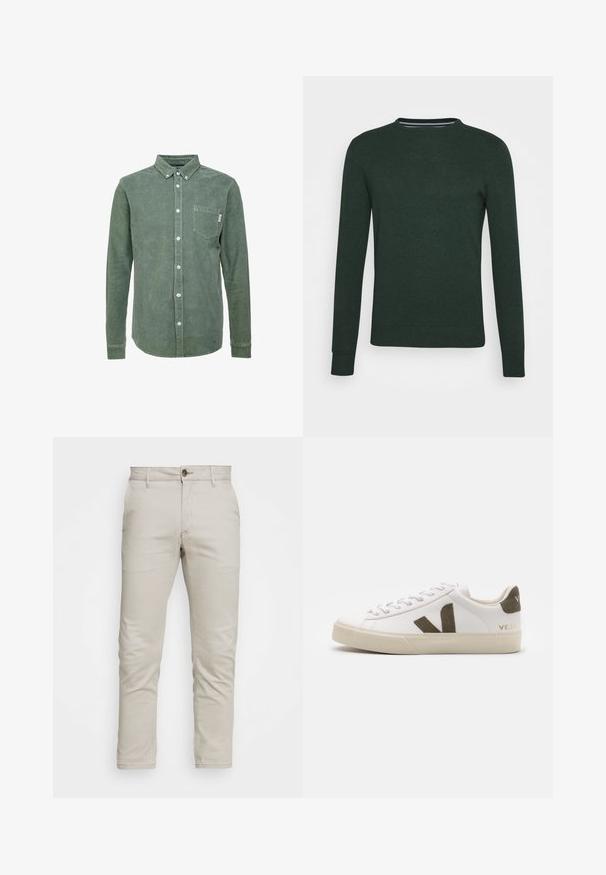 Mørkegrøn strikket sweater med rund hals, lange ærmer og ribbede manchetter og kant. Glat tekstur uden synlige mønstre eller accenter.; Grøn kordfløjl skjorte med knap-krave, lange ærmer, en lomme på venstre bryst og hvide knapper. Tekstureret finish.; Beige chinos med lige ben, lavet af en blanding af bomuldsstof. Inkluderer frontknaplukning og sidelommer. Glat tekstur.; Hvide læder sneakers med en lys beige gummisål. Har en brun ruskinds V-logo og hælflap. Snørret lukning med en struktureret overflade.