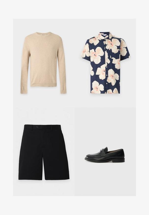 Pull en maille beige à manches longues texturé avec col rond et bords-côtes aux poignets et à l’ourlet, présenté sur un fond uni gris clair.; Chemise homme à manches courtes avec boutons, fond bleu marine et grand motif floral beige et pêche, avec une poche poitrine côté gauche.; Shorts noirs longueur genou avec passants de ceinture, bouton devant et fermeture éclair, présentés à plat sur un fond blanc.; Mocassins en cuir noir avec une finition lisse, dotés d'une bande supérieure texturée, d'un talon bas et de détails de couture minimalistes.