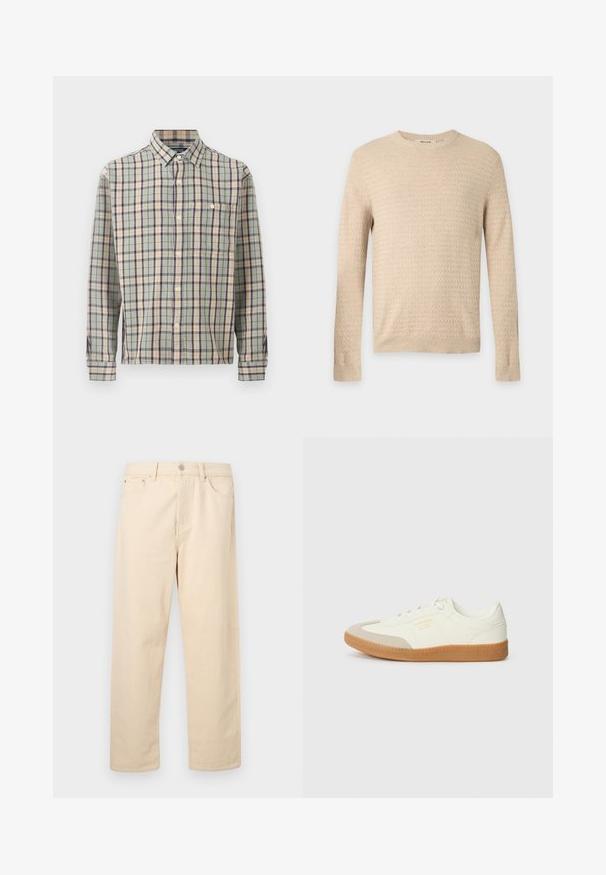 Pull en maille beige à manches longues texturé avec col rond et bords-côtes aux poignets et à l’ourlet, présenté sur un fond uni gris clair.; Chemise à manches longues boutonnée avec un motif à carreaux vert, beige et bleu marine, avec une poche poitrine unique sur un fond uni.; Jean beige à coupe droite avec fermeture à bouton et glissière, passants pour ceinture et poches avant sur un fond uni.; Baskets en cuir blanc avec une coque beige et une semelle en caoutchouc marron clair. Dotées de lacets blancs plats et d'un logo embossé sur le côté.