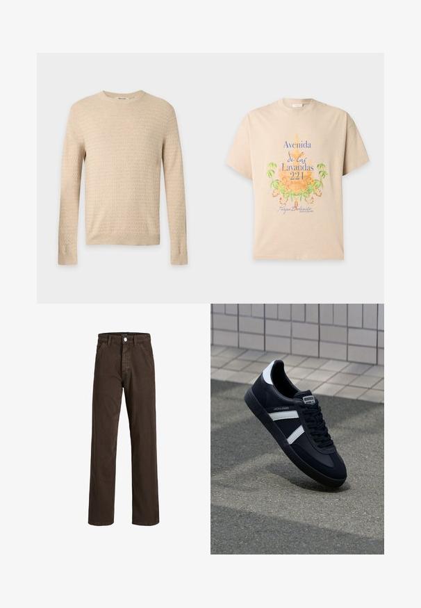 Beige, langarmig, gestructureerde gebreide trui met ronde hals en geribde boorden aan mouwen en zoom, afgebeeld op een effen lichtgrijze achtergrond.; Beige t-shirt met korte mouwen met blauwe en oranje tekst "Avenida de las Lavandas 221" en groene botanische print aan de voorkant.; Bruine katoenbroek met een rechte pijp, voorzakken en een metalen knoopsluiting. Heeft een gladde textuur en een minimalistisch ontwerp.; Zwarte leren sneaker met witte strepen, een gestructureerde rubberen zool en vetersluiting aan de voorkant. Voorzien van een merklabel op de tong.