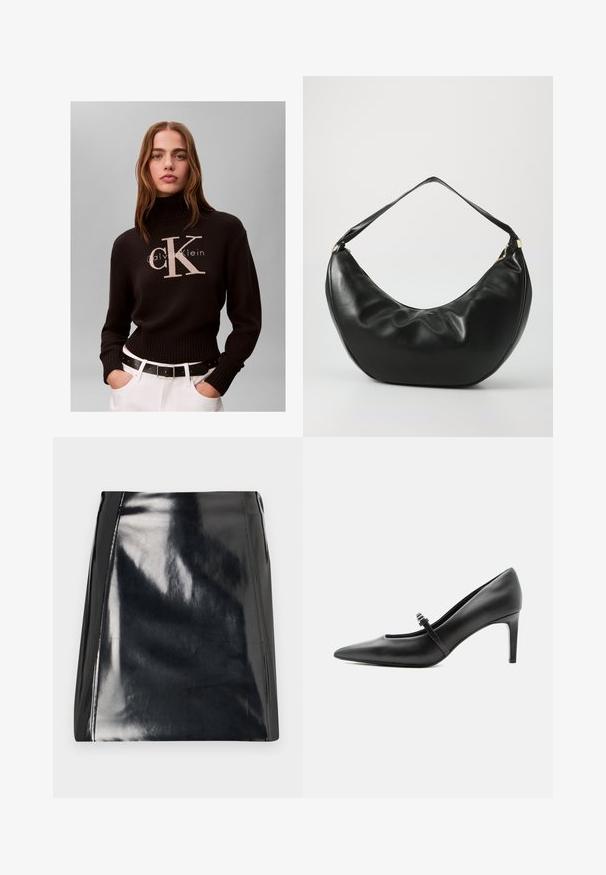 Femme aux cheveux longs portant un pull à col roulé noir Calvin Klein et un pantalon blanc avec une ceinture noire sur un fond uni.; Mini-jupe en cuir noir avec une finition brillante. Présente des détails de couture visibles et une silhouette ajustée. Texture lisse sur l'ensemble.; Escarpin noir en cuir à bout pointu avec une fine bride et une boucle sur le cou-de-pied, posé sur un fond clair neutre.; Sac à épaule en cuir noir, de forme courbée, avec une texture douce et une seule sangle; il comporte une fermeture éclair dorée et un logo discret.