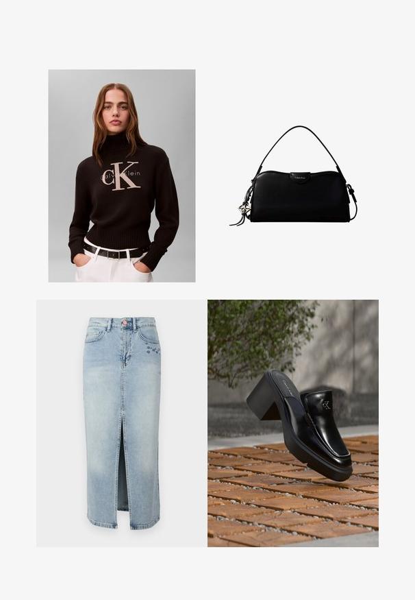 Frau mit langen Haaren, die einen schwarzen Calvin Klein Rollkragenpullover und weiße Hose mit schwarzem Gürtel vor neutralem Hintergrund trägt.; Fabienne Chapot CARLYNE SKIRT - Jeansrock - light blue tinted; Schwarze Leder-Slip-on-Mule von Calvin Klein mit Blockabsatz, die auf Holzfliesen im Freien nahe einer grünen Pflanze und einer grauen Wand ruht.; Schwarze, rechteckige Calvin Klein Handtasche mit einem einzelnen Tragegriff oben, silbernem Logo-Anhänger und kleinem Klappverschluss auf der Vorderseite.