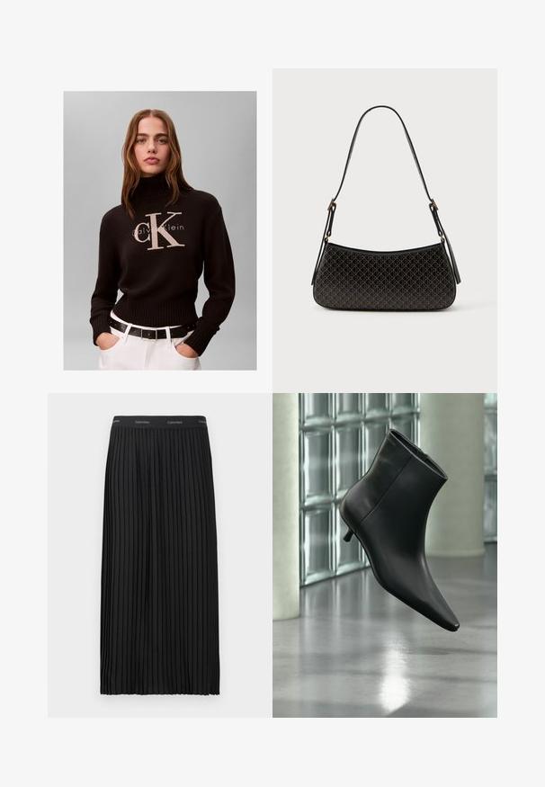 Kvinde med langt hår iført en sort Calvin Klein rullekravetrøje og hvide bukser med sort bælte mod en ensfarvet baggrund.; Sort plisset midi-nederdel med elastisk talje, der har et gentagende Calvin Klein-logo i hvid.; Sort læderankelstøvle med spids tå og lav kitten-hæ, vist vinklet mod en poleret gulv- og glasblokvæg.; Sort håndtaske med geometrisk mønster, buet form, glat tekstur og en lang justerbar skulderrem; har detaljer i guldfarvet metal.
