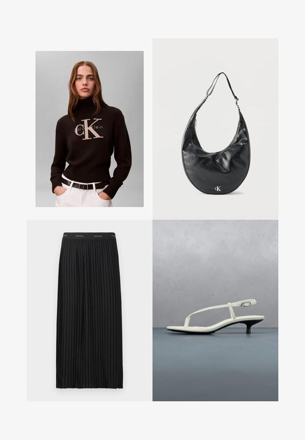 Mujer con cabello largo que lleva un suéter de cuello alto negro de Calvin Klein y pantalones blancos con cinturón negro sobre un fondo liso.; Falda midi negra plisada con cinturilla elástica, con el logotipo de Calvin Klein en blanco repetido.; Sandalia blanca de tacón kitten con tiras y punta afilada, flotando sobre un suelo de baldosas de madera al aire libre, con un fondo desenfocado de plantas y pared.; Bolso de cuero negro en forma de media luna con correa ajustable y logotipo plateado "cK" en el frente, sobre fondo blanco.
