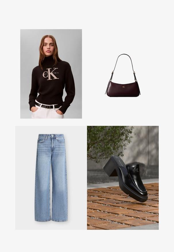 Mujer con cabello largo que lleva un suéter de cuello alto negro de Calvin Klein y pantalones blancos con cinturón negro sobre un fondo liso.; Vaqueros de pierna ancha azul claro con bolsillos delanteros, trabillas para cinturón, cierre de botones y detalles desgastados en los muslos.; Mule tipo slip-on de cuero negro de Calvin Klein con tacón de bloque descansando sobre baldosas de madera al aire libre cerca de una planta verde y una pared gris.; Bolso de mano de cuero burdeos oscuro con una delgada correa negra para el hombro y pequeño logo dorado "cK" en el centro delantero.