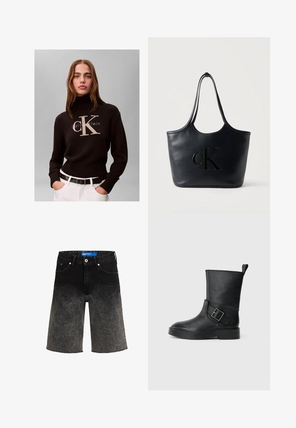 Žena s dlhými vlasmi v čiernom roláku Calvin Klein a bielych nohaviciach s čiernym opaskom na jednofarebnom pozadí.; Čierne denimové šortky s postupným prechodom z tmavej na svetlú farbu. Obsahujú roztrhnutý lem, dve predné vrecká a označenie s modrou nášivkou na páse.; Čierne kožené kotníkové topánky s okrúhlou špičkou, plochou podrážkou a strieborným sponou na boku. Obsahujú pútko na zadnej strane.; Čierna kožená taška na rameno s dvojitými dlhými rúčkami a vystúpeným reliéfnym logom CK na prednej strane na jednoduchom pozadí.