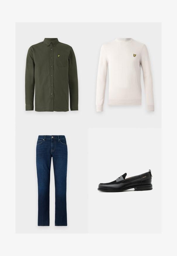 Lysebeige sweater med lange ærmer, rund hals og ribbet kant. Har et lille sort og gult broderet logo på brystet.; Mørkegrøn langærmet skjorte med knaplukning, knap-down krave, brystlomme og lille gul broderet fuglelogo på lommen.; Mørkeblå denim jeans med lige ben, foran lukket med knap og lynlås, fem-lommers design og kontrasterende syninger.; Sort læderloafer med grå remdetalje, lav hæl og tekstureret sål, mærket med "HUGO" i guld på siden.