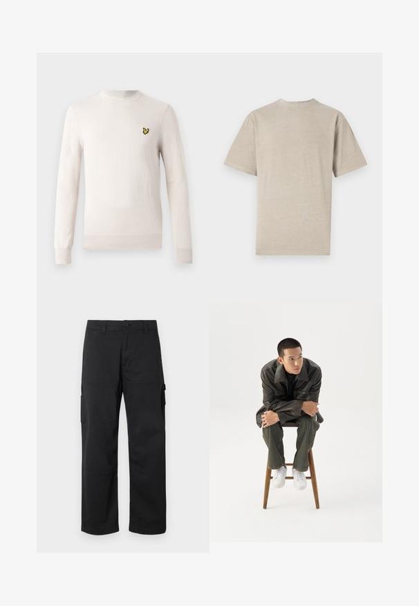 Hellbeiger Pullover mit langen Ärmeln, Rundhalsausschnitt und geripptem Saum. Mit einem kleinen schwarz-gelben bestickten Logo auf der Brust.; Kurzarm-T-Shirt in hellem Beige mit Rundhalsausschnitt, aus weichem Stoff gefertigt, mit glatter Textur und schlichtem Design ohne Grafiken.; Schwarze Cargo-Hosen mit geradem Bein, mehreren Seitentaschen und einem Knopfverschluss. Hergestellt aus strapazierfähigem, leichtem Stoff.; Junger Mann in dunkler Lederjacke und Jeans sitzt auf einem Holzstuhl, lehnt sich mit verschränkten Armen nach vorne und schaut seitlich vor weißem Hintergrund.