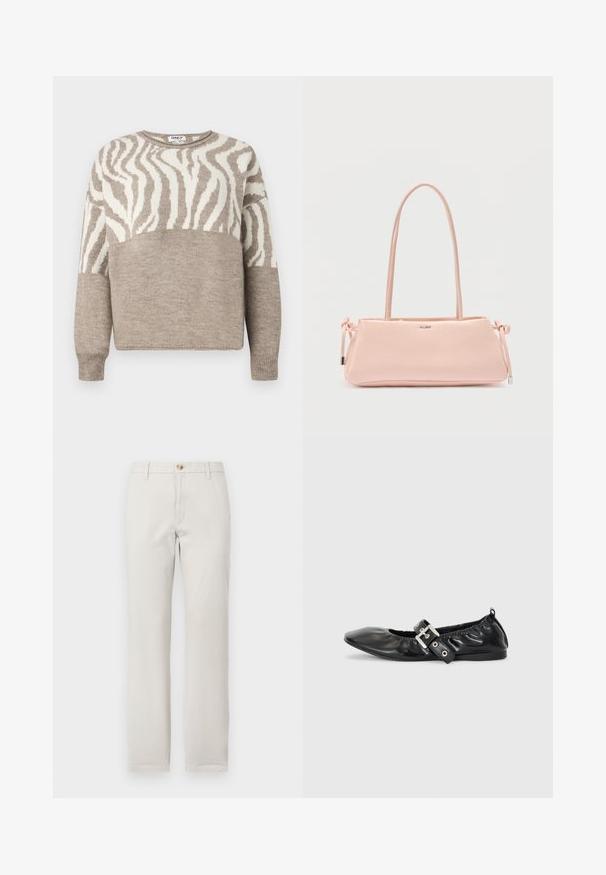 Pull en tricot beige avec un motif zèbre en crème, doté d'un col rond et de poignets côtelés. Texture douce et coupe décontractée.; Pantalons beiges à jambes droites avec passants de ceinture, fermeture à bouton à l'avant et braguette zippée sur fond blanc uni.; Chaussure plate en cuir noir avec un nez pointu, des détails froncés autour de l'ouverture et un accent en boucle argentée sur la bride ajustable.; Sac à main rectangulaire rose clair avec longues anses, détails noués sur les côtés et petit logo "ALDO" au centre à l'avant.