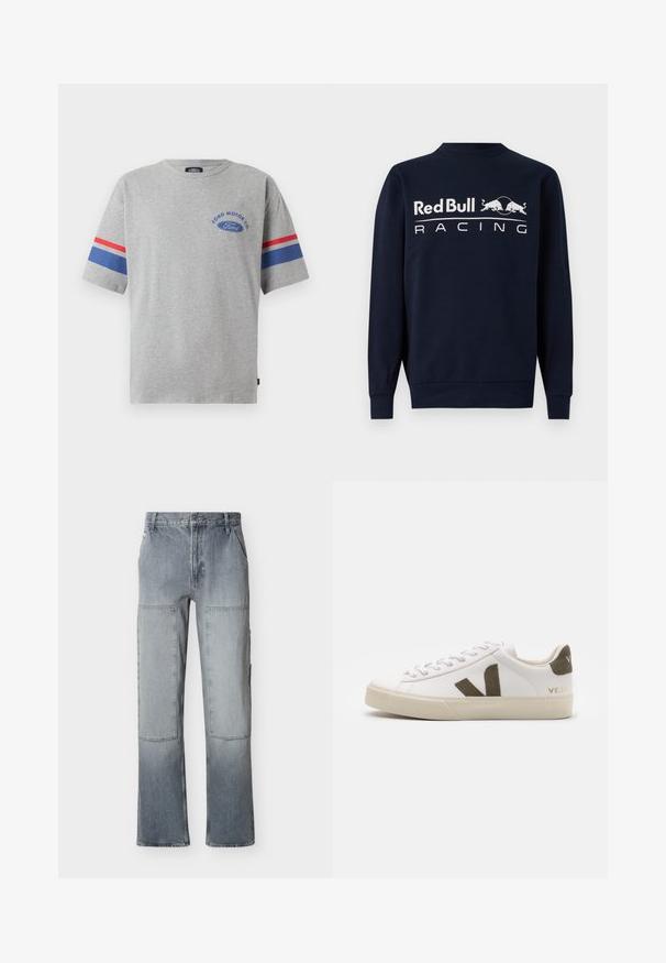 Laulukauhan pitkähihaisen collegepaidan on valmistettu puuvillasta, ja siinä on pyöreä kaula-aukko sekä suuri valkoinen "Red Bull Racing" -logo etupuolella kahden härkäkuvion kanssa.; Harmaa puuvillapaita lyhyillä hihoilla, joissa on sinisiä ja punaisia raitoja hihoissa sekä sininen "Ford Motor Co" -logo rinnassa.; Harmaat korkeavyötäröiset farkut, joissa on suuret suorakulmaiset polvipaikkaukset ja leveä lahkeen leikkaus, etutaskut ja napillinen kiinnitys.; Valkoiset nahkakengät vaaleanbeigeillä kumipohjilla. Varustettu ruskealla mokkanahalla V-logolla ja kantapäällyksellä. Nauhakiristys, jossa on karhea pinta.