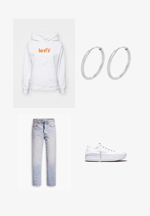 Biely mikina s klokaním vreckom, s oranžovým logom "levi's" na hrudi a sťahovacími šnúrkami na kapucni. Mäkká textúra látky.; Svetlomodré džínsové nohavice so strihom rovného strihu, s gombíkovým zapínaním, piatimi vreckami a jemným vyblednutím pozdĺž nohavíc.; Biela nízka plátenná teniska s hrubou platformovou podrážkou, šnurovaním vpredu a gumovou špičkou s textúrou, zobrazená z bočnej strany.; Strieborné kruhové náušnice, oblého tvaru, hladký lesklý povrch a rovnomerná šírka po celom obvode. Minimalistický dizajn bez ďalších akcentov.