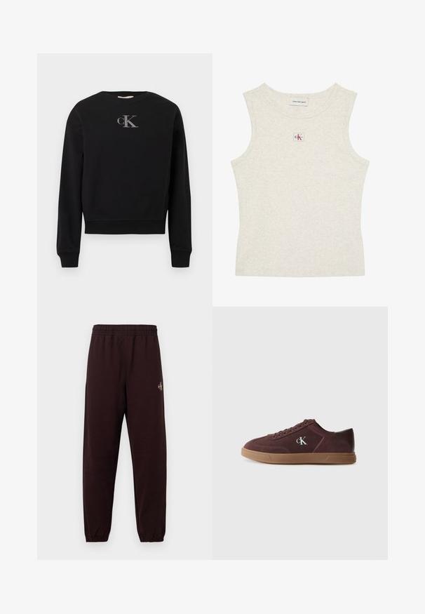 Sweat-shirt noir en tissu doux, doté d'un col rond et de manches longues. Un logo "cK" argenté est centré sur la poitrine.; Débardeur beige clair sans manches à côtes avec étiquette Calvin Klein Jeans à l'intérieur du col et petite écusson logo CK centré sous l'encolure.; Pantalon de survêtement marron foncé avec une ceinture élastique, des jambes fuselées et un petit logo doré sur le côté gauche. Texture de tissu lisse.; Calvin Klein Baskets basses - bordeaux