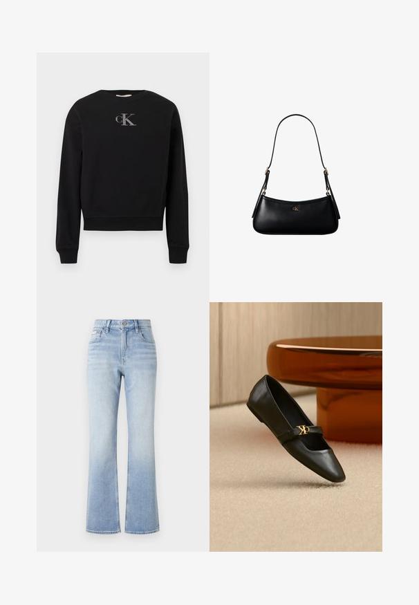 Zwarte sweatshirt van zacht materiaal met een ronde hals en lange mouwen. Een zilveren "cK" logo staat in het midden van de borst.; Lichtblauwe denim flared jeans met een hoge taille, contrasterende stiksels, voorvakken en een subtiele vervaging naar de zoom toe.; Zwarte leren platte schoen met puntige neus en gouden CK-logo op het bandje, geplaatst op een beige tapijt bij een ronde amberbruine tafel.; Zwarte leren mini schoudertas met een dun riempje en klein goudkleurig CK-logo aan de voorkant in het midden.