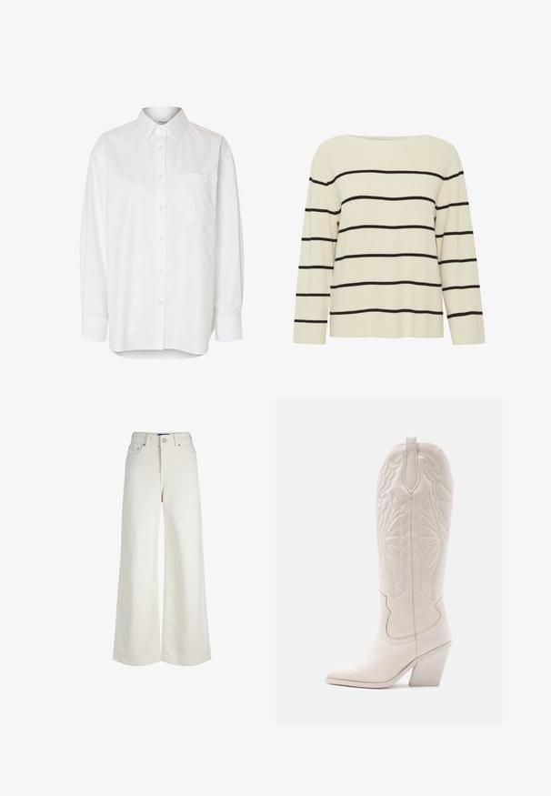 Cremefarvet sweater med sorte horisontale striber, ribbet tekstur, bred halsudskæring og lange ærmer. Løst fit med lige kant.; Hvid langærmet skjorte med knapper, spids krave og brystlomme, vist mod en ensfarvet baggrund.; Høj talje, vidde ben, hvide denimjeans med forreste knap- og lynlås-lukning, bæltestropper og lommedetaljer.; Hvide læder cowboystøvler med spidse tæer og blokhæle. Har intrikate syninger på skaftet og en glat tekstur.