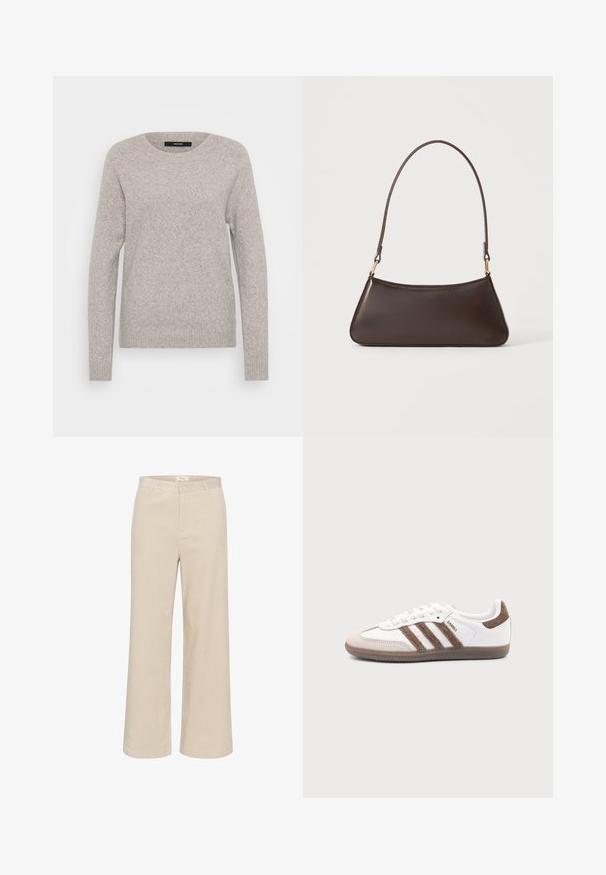 Licht grå sweater lavet af blødt strikstof. Har en rund halsudskæring og lange ærmer med ribbede manchetter og kant. Enkel design.; Beige buks med brede ben i velour, der har en subtil ribbet tekstur, bæltestropper, frontlynlås og to sidelommer.; Hvid Adidas Samba sneaker med brune ruskindstriber, brun gummisål og beige ruskindståhætte, vist fra ydersiden på en ensfarvet baggrund.; Mørkebrun læderhåndtaske med en buet toplynlås og en tynd skulderrem med guldfarvede låse på en ensfarvet baggrund.