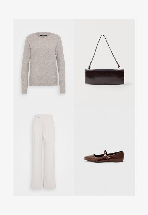 Licht grå sweater lavet af blødt strikstof. Har en rund halsudskæring og lange ærmer med ribbede manchetter og kant. Enkel design.; Bredde bukser i lys beige stof med en tætsiddende linning, frontfolder og en glat tekstur. Casual design, ingen synlige mønstre eller hardware.; Brun patentlæder balletflade med firkantet tå og strop med en lille guldbuckle. Glat tekstur, lav hæl og minimalistisk design.; Rektangulær sort læderhåndtaske med en enkelt lang rem og blank finish, vist mod en ensfarvet hvid baggrund.