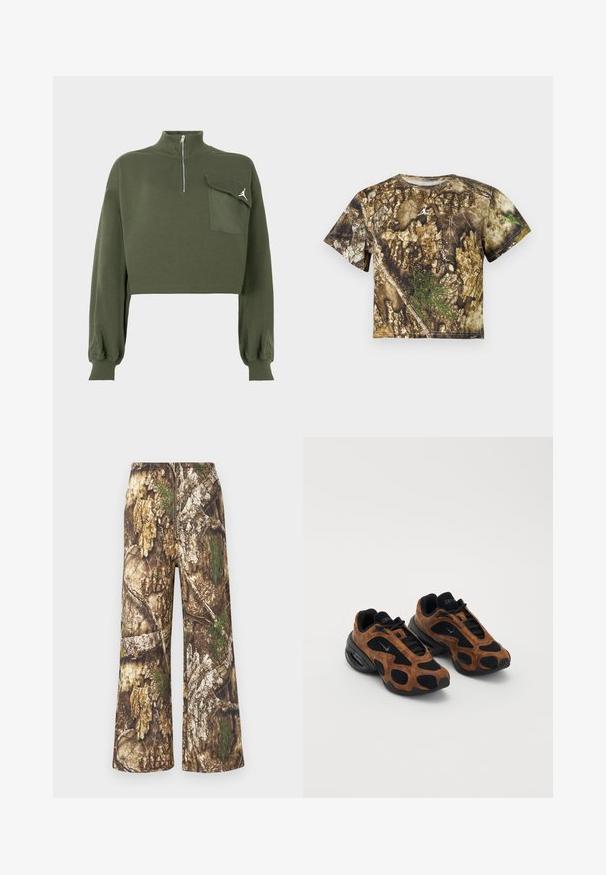 Olivengrøn cropped sweatshirt med lange ærmer, høj hals med lynlås og en klaplomme med et hvidt Jumpman-logo på brystet.; Kortærmet skjorte med detaljeret brun og grøn kamuflage i barkmønster, med en lille hvid logo på brystet.; Camo bukser med bred benpasform. Indeholder en blanding af jordfarvede brune, grønne nuancer og teksturerede mønstre, der minder om træbark og løv.; Brune ruskind og sorte mesh sneakers med en rund facon, der har fremtrædende udskæringer og en kraftig sort sål.