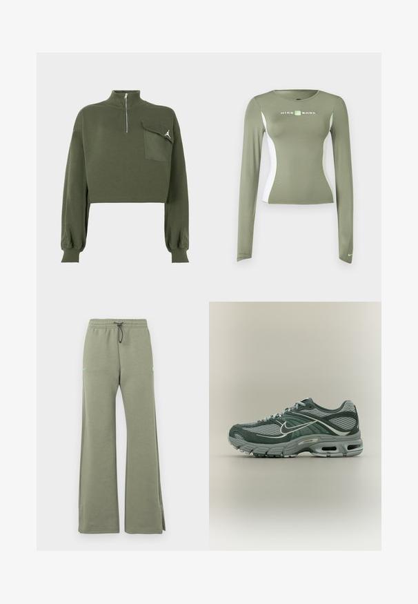 Olivinvihreä lyhyt huppari pitkillä hihoilla, korkealla vetoketjulla ja läpätaskulla, jossa on valkoinen Jumpman-logo rinnassa.; Oliivinvihreä pitkähiha Nike Shox -paita valkoisilla sivupaneeleilla ja neonvihreillä yksityiskohdilla, vartalonmyötäinen leikkaus ja pieni Swoosh-logo hihansuun resorissa.; Oliivinvihreät leveälahkeiset collegehousut, joissa joustava vyötärönauha ja musta kiristysnauha. Vasemmassa reidessä pieni neonkeltainen logo.; Tummanvihreä ja harmaa Nike juoksukenkä verkkokangaspaneeleilla ja mokkanahalla, pehmustetulla pohjalla ja nauhallisella suljenta neutraalilla taustalla.