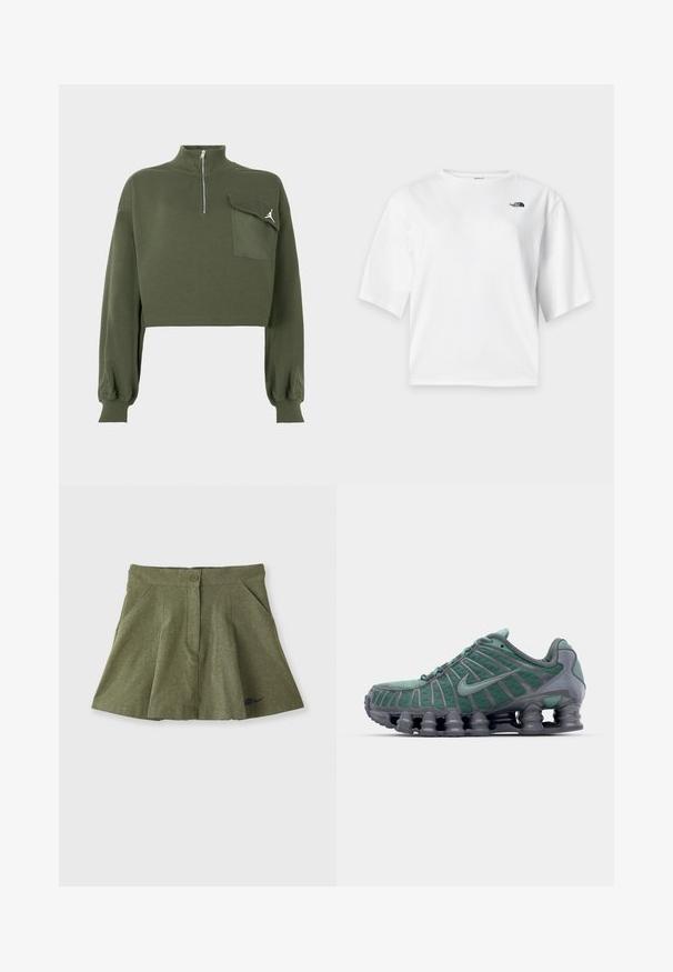 Olivengrøn cropped sweatshirt med lange ærmer, høj hals med lynlås og en klaplomme med et hvidt Jumpman-logo på brystet.; Hvid T-shirt med korte ærmer og rund hals med The North Face-logo i sort på venstre bryst.; Nike Sportswear X NAOMI OSAKA SKIRT - Mini skirts - medium olive/blackened blue; Grønne og grå Nike sneakers med en tekstureret mesh-overdel og prominente snørresystem. Har en markant segmenteret sål til dæmpning.