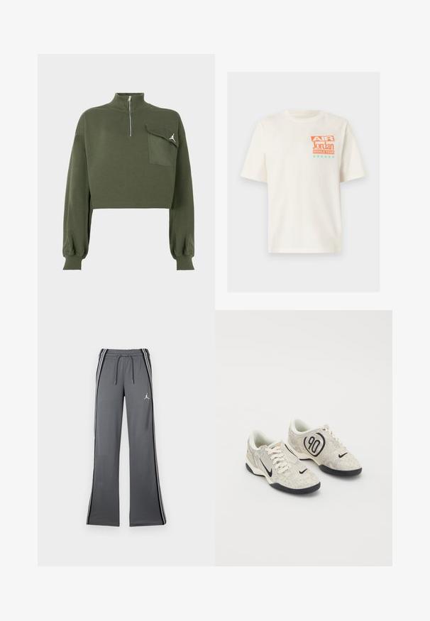 Olivovo zelený skrátený sveter s dlhými rukávmi, vysokým zipsom a kapsou na klopu, na ktorej sa nachádza biely logo Jumpman na hrudi.; Biele tričko s krátkym rukávom s oranžovým a tyrkysovým textom "Air Jordan World Tour" a šiestimi tyrkysovými hviezdičkami na ľavej hornej časti hrudníka.; Sivé teplákové nohavice s elastickým pásom na šnúrku, bočnými pruhmi a malým logom. Vyrobené z jemného materiálu, s širokým strihom a hladkou textúrou.; Nike tenisky s béžovým a šedým štruktúrovaným zvrškom, čiernymi akcentmi, veľkým logom "90" a bielym šnurovaním. Čierna podrážka.