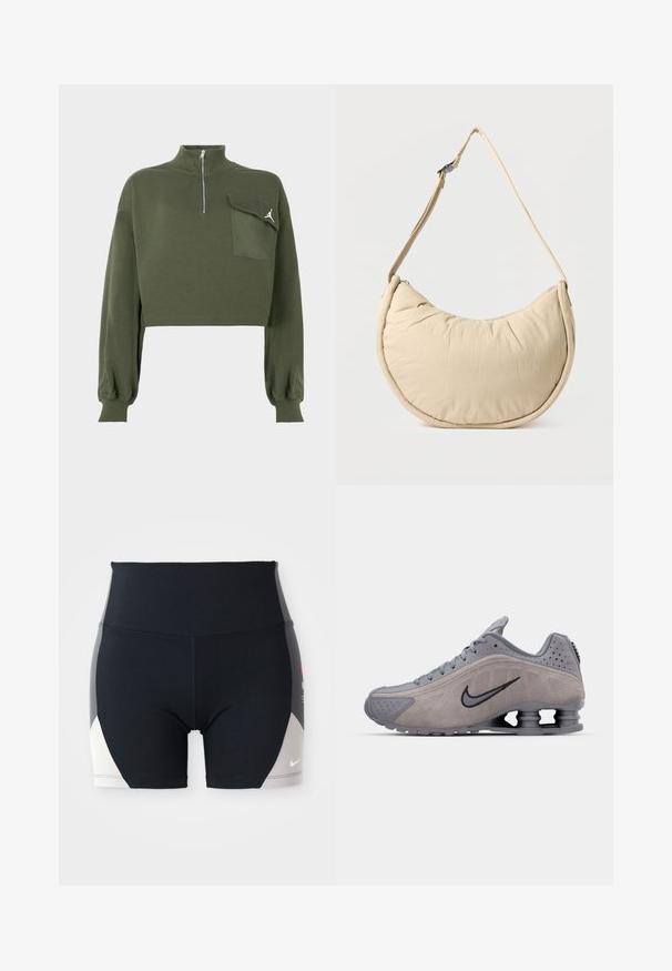 Olivovo zelený skrátený sveter s dlhými rukávmi, vysokým zipsom a kapsou na klopu, na ktorej sa nachádza biely logo Jumpman na hrudi.; Čierne športové šortky s vysokým pásom. Na bokoch sú sivo-biele akcenty, vyrobené z materiálu s odvodom vlhkosti a elastickými vlastnosťami.; Sivá semišová športová obuv s zakriveným dizajnom, so šnurovaním, čiernym logom swoosh a viditeľnou tlmiacou jednotkou v päte.; Béžová polmesiacová kabelka na rameno s mäkkou, vypchávkovou textúrou. Má nastaviteľný popruh a zipsový uzáver pozdĺž hornej hrany.