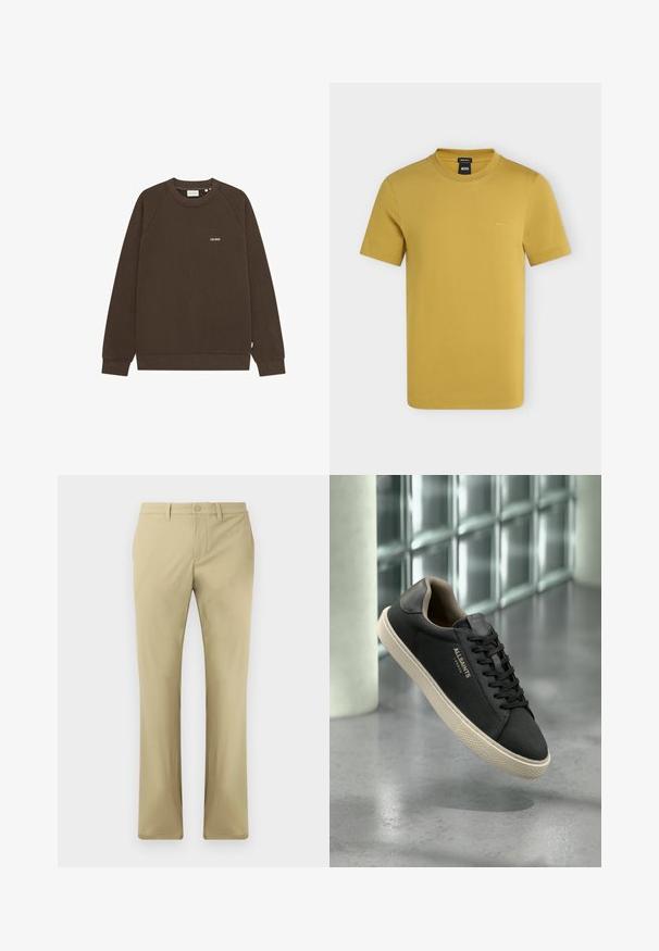 Donkerbruine sweater met ronde hals en lange mouwen en klein beige "LES DEUX" logo op de linkerborst.; Heren T-shirt in mosterdgeel met korte mouwen en ronde hals, met klein BOSS-logo op de linkerborst en regular fit-label binnenin de kraag.; Beige broeken met een platte voorkant, knoopsluiting en rechte pijpen. Gemaakt van een gladde stof met minimale zichtbare naden.; Zwarte lage sneaker met beige zool en veters, "ALLSAINTS LONDON" logo aan de zijkant, zwevend boven een gepolierde betonnen vloer met een glazenblokkenmuur op de achtergrond.