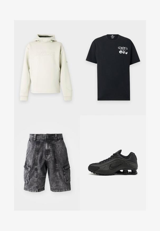 Sudadera con capucha de color crema con cuello alto y cordones, logotipo sutil en relieve en el pecho y ribete verde a lo largo de las mangas y los costados.; Camiseta negra de manga corta de Nike con texto blanco "Nature in Motion", tres iconos de globo terráqueo y gráfico del logo Nike en el pecho izquierdo.; Pantalones cortos cargo de mezclilla negra con textura desgastada, dos bolsillos laterales y cierre de botón. Hasta la rodilla con costuras reforzadas.; Zapatillas de running negras con un upper sintético liso, detalles perforados, paneles laterales texturizados y una suela distintiva y elástica.