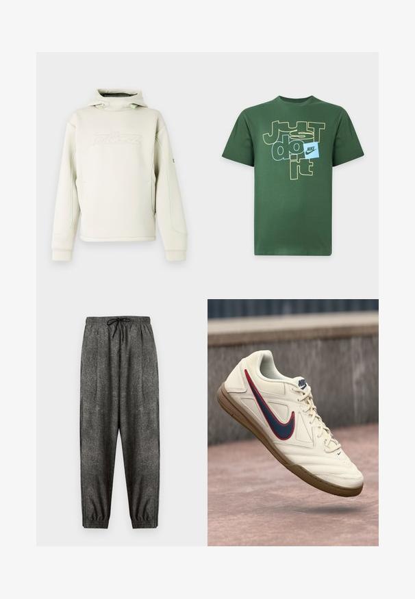 Crèmekleurige hoodie met hoge kraag en trekkoorden, subtiel geperst logo op de borst en groene biezen langs de mouwen en zijkanten.; Groen T-shirt met korte mouwen met de tekst "Just do it" in geel en blauw en een klein blauw vierkant met het Nike-logo aan de voorkant.; Donkergrijze gestructureerde joggingbroek met elastische tailleband en zwart trekkoord, elastische boorden en een relaxte pasvorm.; Witte Nike sneaker met een blauwe en rode swoosh, textuurleer bovenwerk, vetersluiting en een gumrubberen zool.