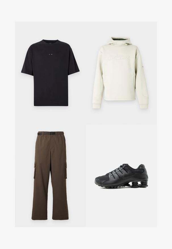 Sudadera con capucha de color crema con cuello alto y cordones, logotipo sutil en relieve en el pecho y ribete verde a lo largo de las mangas y los costados.; Oakley RISE TEE - Camiseta básica - blackout; Pantalones cargo marrones de corte holgado, con cintura elástica y dos bolsillos laterales. Incluyen un cinturón negro con diseño, de textura suave.; Zapatilla deportiva negra con parte superior texturizada, cierre de cordones y distintivo soporte de suela tipo resorte visible sobre un fondo blanco.