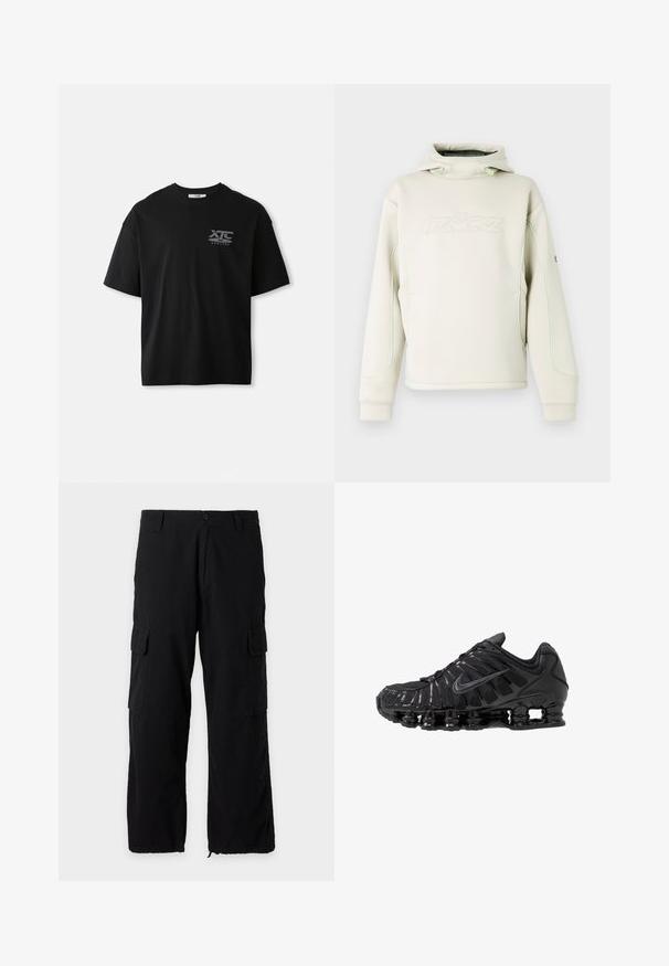 Sudadera con capucha de color crema con cuello alto y cordones, logotipo sutil en relieve en el pecho y ribete verde a lo largo de las mangas y los costados.; Camiseta de algodón negra de manga corta con cuello redondo y un logo blanco "XTC VERTERE" en la zona del pecho izquierdo. Textura suave.; Pantalones cargo negros con bolsillos laterales con solapa, cierre de botón y cremallera, trabillas para cinturón y bajos ajustables.; Zapatillas deportivas negras fabricadas con malla y materiales sintéticos, con un diseño ondulado distintivo, suela de goma negra y detalles reflectantes.