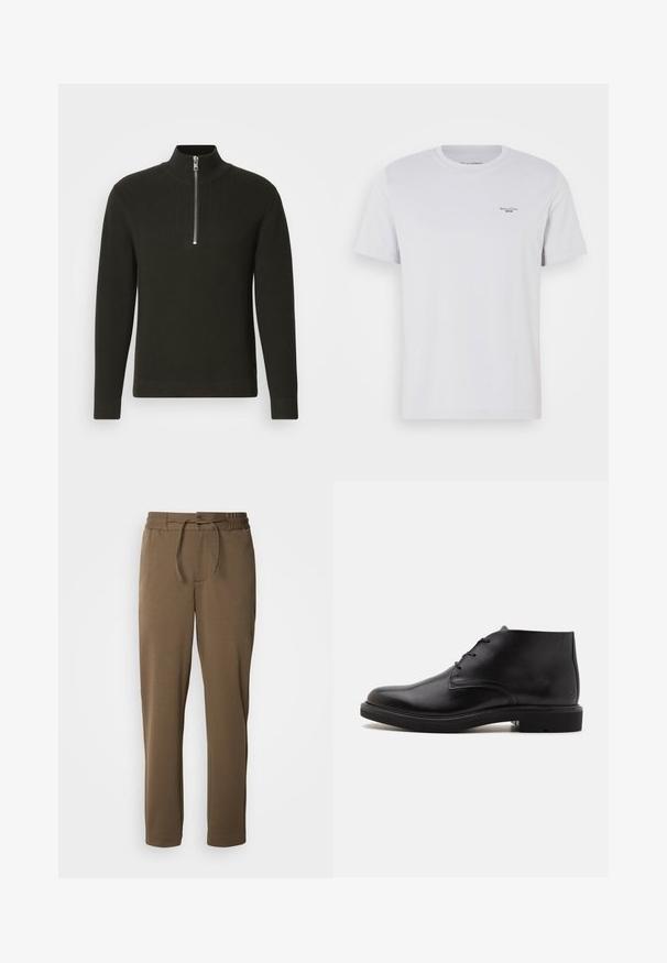 Suéter negro de punto acanalado con un alto cuello y un cierre de cremallera corto, que presenta mangas largas y un diseño ajustado.; Camiseta de algodón blanca con cuello redondo, mangas cortas y un pequeño logo negro en el lado izquierdo del pecho. Textura suave y ajuste estándar.; Pantalones de chándal marrones, ajustados y con cintura elástica y cordón. Textura suave y lisa, con bolsillos laterales y un diseño sencillo.; Bota de tobillo de cuero negro con tres ojales para cordones, puntera redondeada y suela plana sobre un fondo liso y claro.