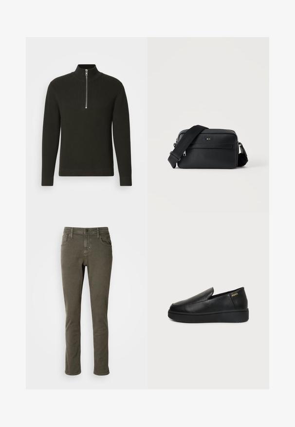 Čierny rebrovaný pletený sveter s vysokým golierom a krátkym zipsom, ktorý má dlhé rukávy a priliehavý strih.; Antony Morato KURT COMFORT - Džínsy tapered fit - dark olive; Čierna kožená slip-on obuv s hrubou podrážkou a malými bočnými ventilačnými otvormi, so zlatým logom "HUGO" pri päte.; Čierna kožená crossbody taška s textúrou, predným vreckom na zips a nastaviteľným širokým látkovým ramenným popruhom na bielom pozadí.