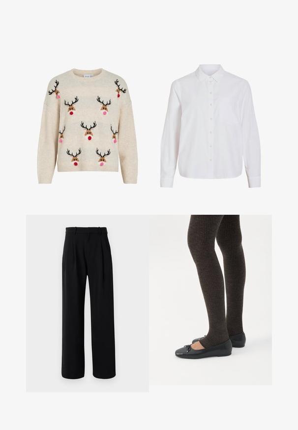 Kremfarvet sweater med blød tekstur, rund halsudskæring og rensdyrmotiver med sorte gevirer, lyserøde pomponer og røde næser.; Hvid skjorte med lange ærmer, knapper foran, klassisk krave, enkelt brystlomme, lavet af glat, let stof med løs pasform.; Sorte højtaljede skræddersyede bukser med brede ben, bæltestropper og frontpliser mod en hvid baggrund.; Ben iført mørke ribbede leggings kombineret med sorte balletsko med små sløjfedetaljer på hvid baggrund.
