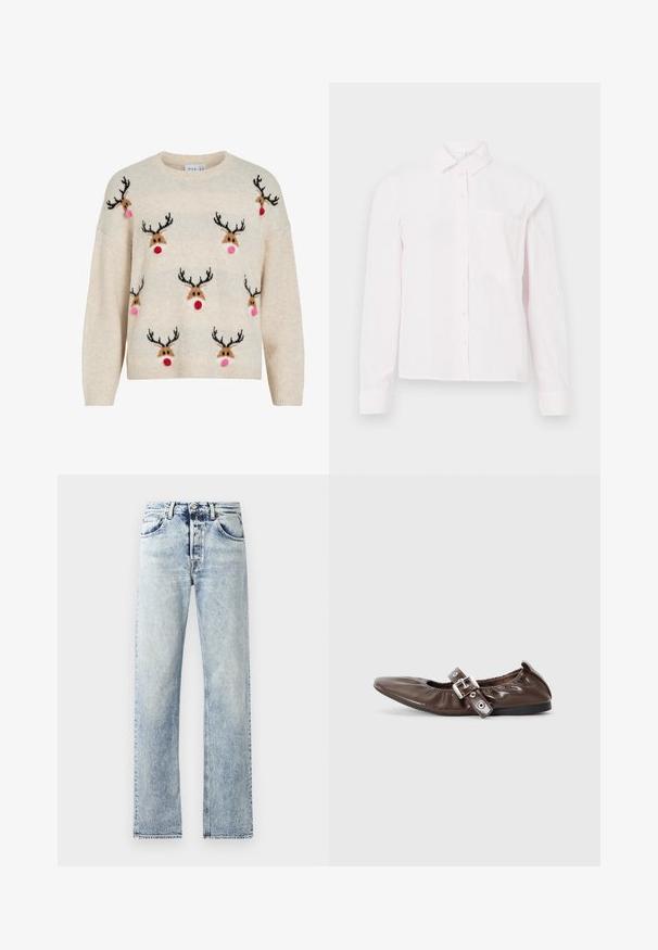 Cremefarbener Pullover mit flauschiger Textur, rundem Ausschnitt und Rentiermotiven mit schwarzen Geweihen, rosa Bommel und roten Nasen.; Helles rosa Langarm-Hemd mit Knopfleiste, Kragen und einer einzelnen Brusttasche, vor einem weißen Hintergrund präsentiert.; Hellblaue Denim-Jeans mit gerader Beinform. Merkmale sind fünf Taschen, Gürtelschlaufen und ein ausgefranster Saum am unteren Ende.; Braunes Lackleder-Ballerina mit spitzem Zeh, elastischem Schleifendetail und silberner Schnallenakzent an der Seite. Schwarze Gummisohle.