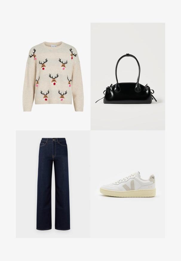 Kremfarvet sweater med blød tekstur, rund halsudskæring og rensdyrmotiver med sorte gevirer, lyserøde pomponer og røde næser.; Mørkeblå bredbenede jeans lavet af denim, med høj talje, fire lommer og kontrastfarvet syninger langs sømmene.; Hvide lærreds sneakers med beige ruskindsdetaljer, perforeret tåboks, flade snørebånd og en struktureret cremefarvet sål. Har diskret branding på hælen.; Lille sort blank håndtaske med to lange håndtag og snøre-detaljer i siden på en ensfarvet lys baggrund.