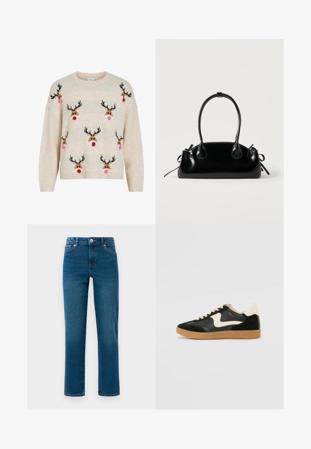 Pull couleur crème avec une texture duveteuse, un col rond, et des motifs de rennes aux bois noirs, pompons roses et nez rouges.; Jeans en denim droits bleu avec cinq poches, fermeture à bouton et fermeture éclair, et passants de ceinture, présentés sur un fond blanc.; Baskets en daim et cuir noir avec un swoosh latéral crème et un talon crème clair. Dotées de lacets beige et d'une semelle en caoutchouc gomme.; Petit sac à main noir brillant avec deux longues anses et des détails à cordon sur les côtés sur un fond clair uni.