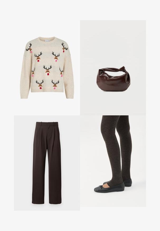 Kremfarvet sweater med blød tekstur, rund halsudskæring og rensdyrmotiver med sorte gevirer, lyserøde pomponer og røde næser.; Brune, plisserede bukser med lige ben-design. Fremstillet af glat stof, med bæltestropper og sidelommer.; Ben iført mørke ribbede leggings kombineret med sorte balletsko med små sløjfedetaljer på hvid baggrund.; Mørkebrun læder skuldertaske med en blød, afslappet form og et snoet knudehåndtag på en ensartet hvid baggrund.
